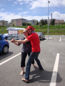 Annie and Paul doing their best parking lot waltz